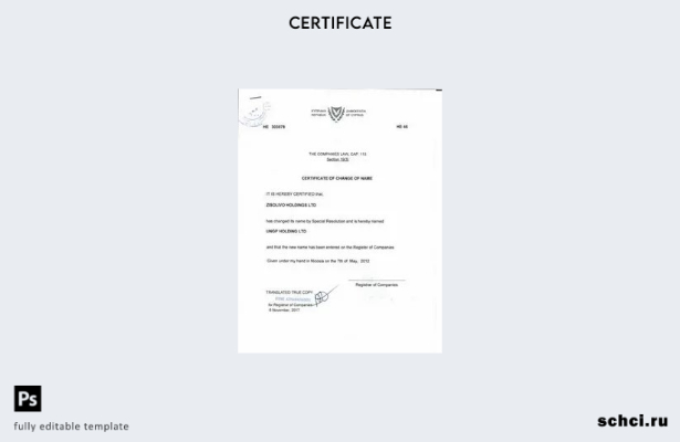цифровая загрузка шаблона свидетельства об изменении названия Кипрского реестра 